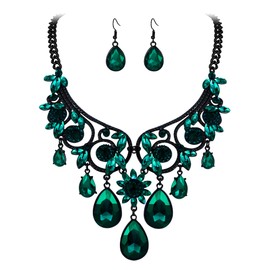 BriLove Women's Tribal Ethnic Crystal Chunky Statement Necklace Dangle Earrings Set Emerald Color Black-Tone