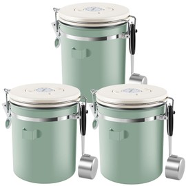 3Pcs Coffee Storage Canister 1.5L Double Airtight Coffee Beans Container with Date Locator 304 Stainless Steel Kitchen Food Storage Container with Spoon for Coffee Beans Grounds Tea,Green Sugar,Green