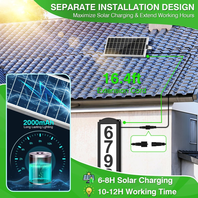 T-SUNUS Solar House Numbers with Separate Panel, IP65 Waterproof Outside
