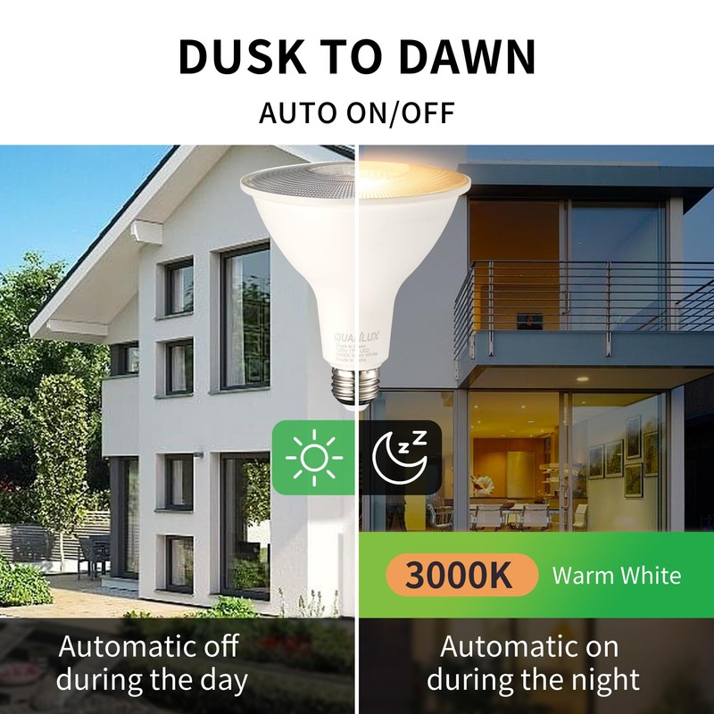 Qualilux PAR38 Dusk to Dawn LED Bulbs, Warm White 3000K,