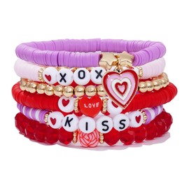 RISHEGAE Valentine Bracelets for Women Heishi Stretch Bracelets Stackable Heart Charm Bracelet Kiss Love Bracelet Set Valentine jewelry gifts for Women