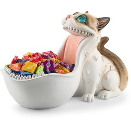 ehuoyan Candy Bowl White Cat Statue Trinket Dish Planter Decorative Bowl Candy Dish for Office Desk Cute Key Bowl for Entryway Table Big Mouth Cat Gifts
