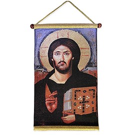 Tapestry Icon of Jesus Christ The Teacher Russian Orthodox Catholic Icon Tapestry Christ of Sinai Pantocrator Christ The Teacher Wall Hanging 15 1/2 Inch, Religious Gift