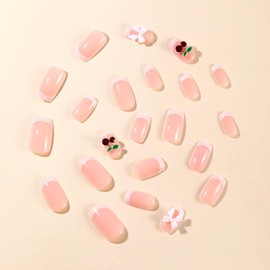 Press on Nails Short Square French Tip Fake Nails Nude False Nails with Cute Glitter Cherry Designs Bow White on Border Glossy Glue on Nails Stick on Nails Acrylic Nails for Women Girls 24 Pcs
