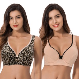 Curve Muse Brasier de algodón con aros para mujer, sin forro, talla grande, Bronceado/negro, piel (paquete de 2), 34B