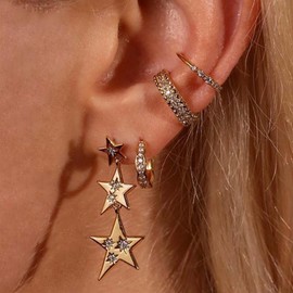 Yheakne Vintage Crystal Star Dangle Earrings Rhinestone Hoop Earrings Gold Cz Hoop Ear Cuff Earrings Stacking Crystal Star Earrings Jewelry for Women