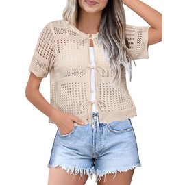 YZEGGO Womens Tie Front Cardigan Short Sleeve Summer Sweater Crochet Cropped Tops Casual Cover Up