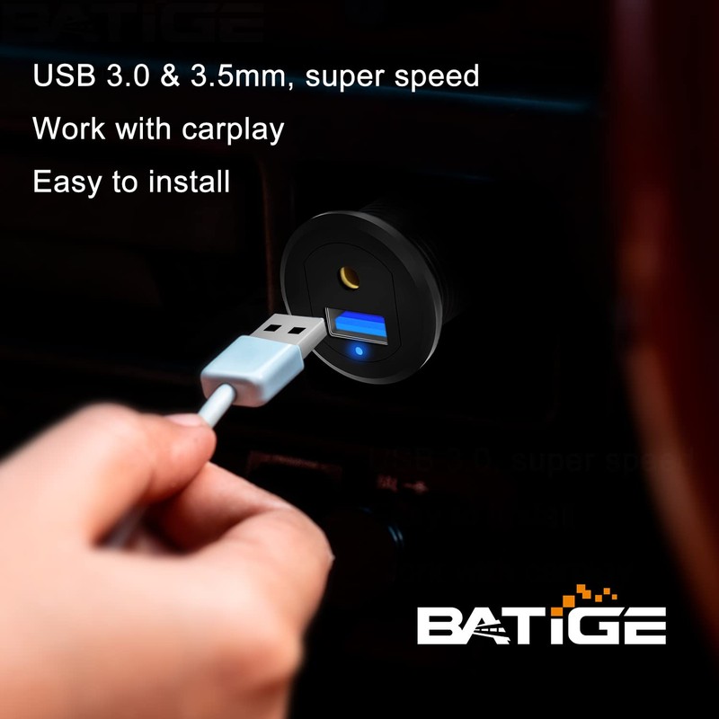 BATIGE Alloy USB 3.0 AUX DC3.5mm Port Car Mount Flush