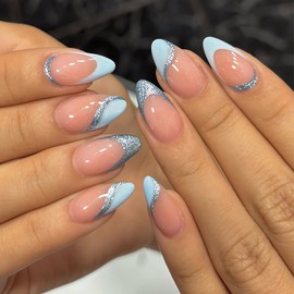 LPOODDNU French Tip Press on Nails Almond Shape Fake Nails Medium Length Glitter Blue False Nails with Glitters Glossy Full Cover Glue on Nails Cute Almond Stick on Nails for Women Finger Manicure
