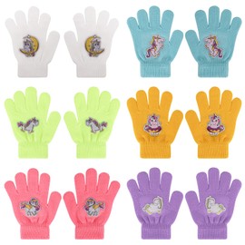 QKURT 6 Pairs Kids Knitted Gloves, Toddler Winter Solid Color Warm Gloves High Stretch Full Finger Magic Mittens with Novel Unicorn Pattern Suitable for 5-12 Years Girls Boys