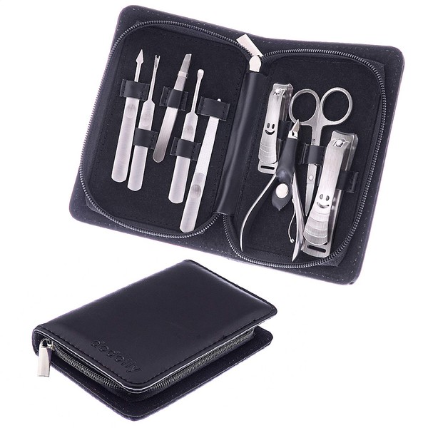 Dodolly Professional Manicure and Pedicure Set, 9 IN 1 Stainless Steel Nail Clipper Scissors Set, Nail Care Tool Kit Grooming Set with Black Leather Case for Women Men