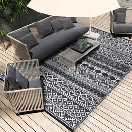 GarveeHome Outdoor Rug 10x14 Waterproof for Patio Clearance Large Plastic Straw Mat Reversible Plastic Outdoor Rug for RV, Patio, Backyard, Deck, Picnic, Beach, Trailer, Black/White(Boho)