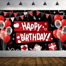 PIMXL Happy Birthday Banner - Red Black Birthday Banner, Happy Birthday Banner Party Background for Birthday Decoration, Birthday Party Decorations Banner for Men Women, 180 x 110 cm