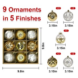 Beinhome 9pcs 8cm Christmas Baubles ornament set Christmas Tree Decorations, Large Silver and Gold Christmas Tree Baubles Shatterproof Plastic Hanging Ball Bulk for Xmas Home Party Festival Decor