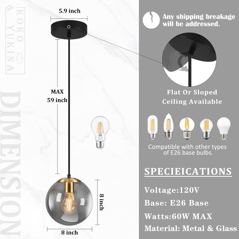 KoKo&Yukina 8 Inch Gold Pendant Light Globe Pendant Lights Kitchen