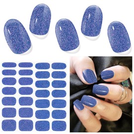 DUKASOU Semi Cured Gel Nail Strips, 28 Pcs UV Gel Nail Stickers, Long Lasting Gel Nail Strips, Salon Quality Gel Nail Wraps for Home, Includes Prep Pads, Nail File & Wood Stick(Glitter Deep Sea Blue)
