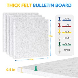 DOLLAR BOSS Felt Cork Board Tiles, 4 Packs 12" x 12" 1/2" Thick Cork Bulletin Board Self Adhesive Acoustic Panels Soundproof Corkboards for Walls with 40 Pushpins for Home Office School, Light Grey
