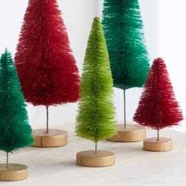 Bottle Brush Trees set of 6 classic hand-dyed, traditional red and green Christmas home decor, winter mantel decor, sized for home office bookshelf, shelf sitter (Set of 6 Classic)