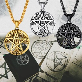Pagan Wiccan Jewelry Men Gold Plated Stainless Steel Tree of Life Pendant Satan Pentacle Emo Necklace