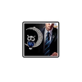 Crystal Moon Owl Brooch Rhinestone Crescent Brooch Lapel Pins for Women Men (Blue)