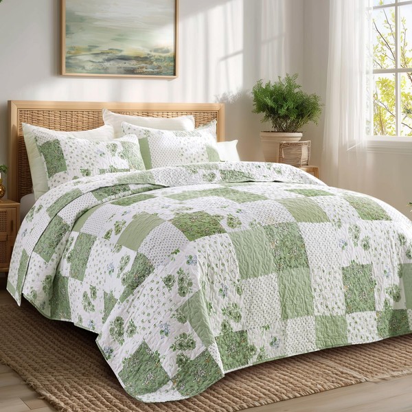 KINBEDY Green Floral Patchwork Quilt Set Full Queen Size, Quilted