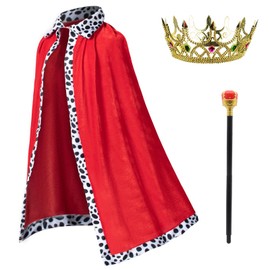 King Costume for Kids Robe Crown Scepter Set Boys Royal Prince Cape Dress Up Cosplay Red