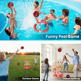 SpringFlower Pool Basketball Hoop,Floating Pool Toys Ring Game with Ring Toss, Balls and Pump, 2-in-1 Summer Outdoor Swimming Pool Basketball Games Play Toy Family Party for Kids Adults, Red