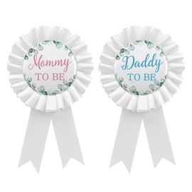 2Pcs Mom and Dad to Be Pin,Gender Reveal Baby Shower Tinplate Badge Pin,Oh Baby Green Theme Party Decorations Gifts,Pink and Blue