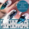24Pcs Blue Black Ink Smudge Press on Nails with Marble