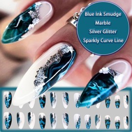 24Pcs Blue Black Ink Smudge Press on Nails with Marble Design, Glossy Silver Glitter False Nails Gel Glue on Nails, Sparkly Curve Line Medium Almond Manicure Art Acrylic Fake Nails Stick on Nails