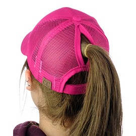 C.C Ponycap Messy High Bun Ponytail Adjustable Mesh Trucker Baseball Cap Hat, Hot Pink