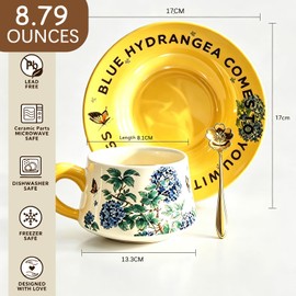 8.79oz Hand-painted ceramic coffee cup + ceramic coffee cup saucer + metal cherry blossom spoon - with gift box included Included for Women, Mother's Day, Birthday Gifts