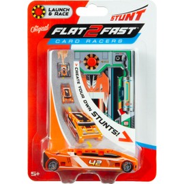 FLAT 2 FAST Original Stunt Card Racer – Flat Car Racer and Pocket Size Racecar Launcher with Built-in Button for Stunt Launching and Racing – Compact – Lava Orange