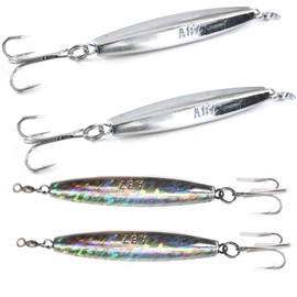 4pcs Fish WOW!® 8oz Diamond Jigs Chrome Silver jig + Mylar Holographic Laser jigs with a Treble Hook, Saltwater, Nickel Finish