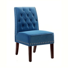 Blue Velvet Dining Chairs, DRM'SCUUM Comfy Dining Room Chairs, Soft Blue Velvet with Fabric Buttons and Nails, Rubber Wood Legs, for Kitchen, Home and Coffee Decor Accents