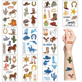 Boerni Tatuajes Temporales de Vaquero Del Oeste, 10 Láminas de Tatuajes Temporales Impermeables de Vaquero Y Vaquera Del Lejano Oeste con Cactus, Caba