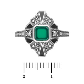 Esse Marcasite Sterling Silver Black Enamel Green Chalcedony & Marcasite Art Deco Ring (O)