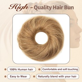 TANJET Messy Bun Hair Piece Human Hair #Honey Brown Wavy Stretchy Elastic Rubber Band 100% Real Human Hair Tousled Updo Extension Hair Hair Piece Ponytail Extensions （#6 Honey Brown 2PCS）