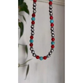JenHerrmannJewelry Red Coral, Blue Turquoise, Sterling Silver Navajo Pearl Beaded Modern Necklace - 22"