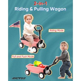 RIDYEE 2-in-1 Toy Wagon for Toddlers 1-3, Kids Pull-Along Wagon with Removable Seat and Adjustable Handlebar, Baby Push Walker with 8L Large Basket, Steering Limit, DIY Sticker, Pink