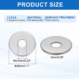 MECCANIXITY 5 Pcs M8 Stainless Steel Flat Washers Round Assortment Parts Spacers Assorted for Screws, Bolts, Plumbing, Automotive, Electrical 8.5mm ID 28mm OD 2mm Thick