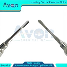Luxating Dental Pick Root Elevators Set of 2pcs | 4mm + 5mm Gold Color Coded Lightweight Handles | Autoclave-Safe German Stainless Steel