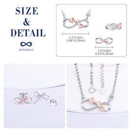 INFINIONLY Women's girl's Necklace Pendant and Earrings Studs, 925 silver Jewellery-sets, Three rose gold butterflies flying on the infinity symbol, Double color plating process, Inlaid shiny zircon
