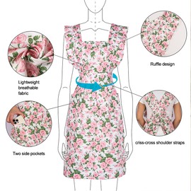 MIKI WELL Vintage Women Pink Apron Dress - Ruffles with Pockets- Floral Print Kitchen Chef Baking Garden Apron (Pink)