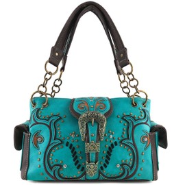 Justin West Patina Girl Western Bronze Floral Buckle Handbag Purse Tote and Strap Wallet (Turquoise Handbag and Wallet)
