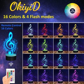 OkiyiD Music Note Gifts for Girls, 3D Illusion Lamp, 3D Music Night Light with 16 Colors Remote and Touch Control, Music Note Decor for Kids Room, Girls Birthday Gifts