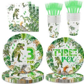 100 Pcs Watercolor Dinosaur 3rd Birthday Party Supplies Dinosaur 3 Rex Birthday Party Decoration Includes Plates Cups Napkins Forks Tableware for Boys T-Rex Three Years Old Birthday, Serves 20 Guests