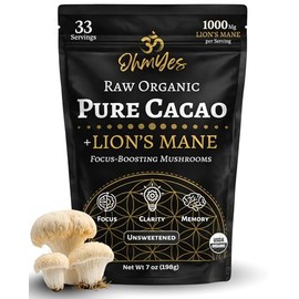 OhmYes Lion's Mane Mushroom Cacao | Premium Pure Raw Organic Cacao Powder | Natural Chocolate Powder Drink Mix | Sugar-Free Flavanol Rich Superfood | Unsweetened | 33 Servings