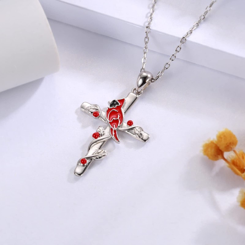 Sterling Silver Cardinal Cross Jewelry for Women: Red Bird Cardinal
