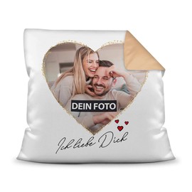 PR Print Royal Photo Cushion with Filling with Saying "Ich Liebe Dich - zum SelbstGestalten with Desired Photo in the Heart for Your Partner, the Partner" Colour Cushion Back, Beige, 40 x 40 cm